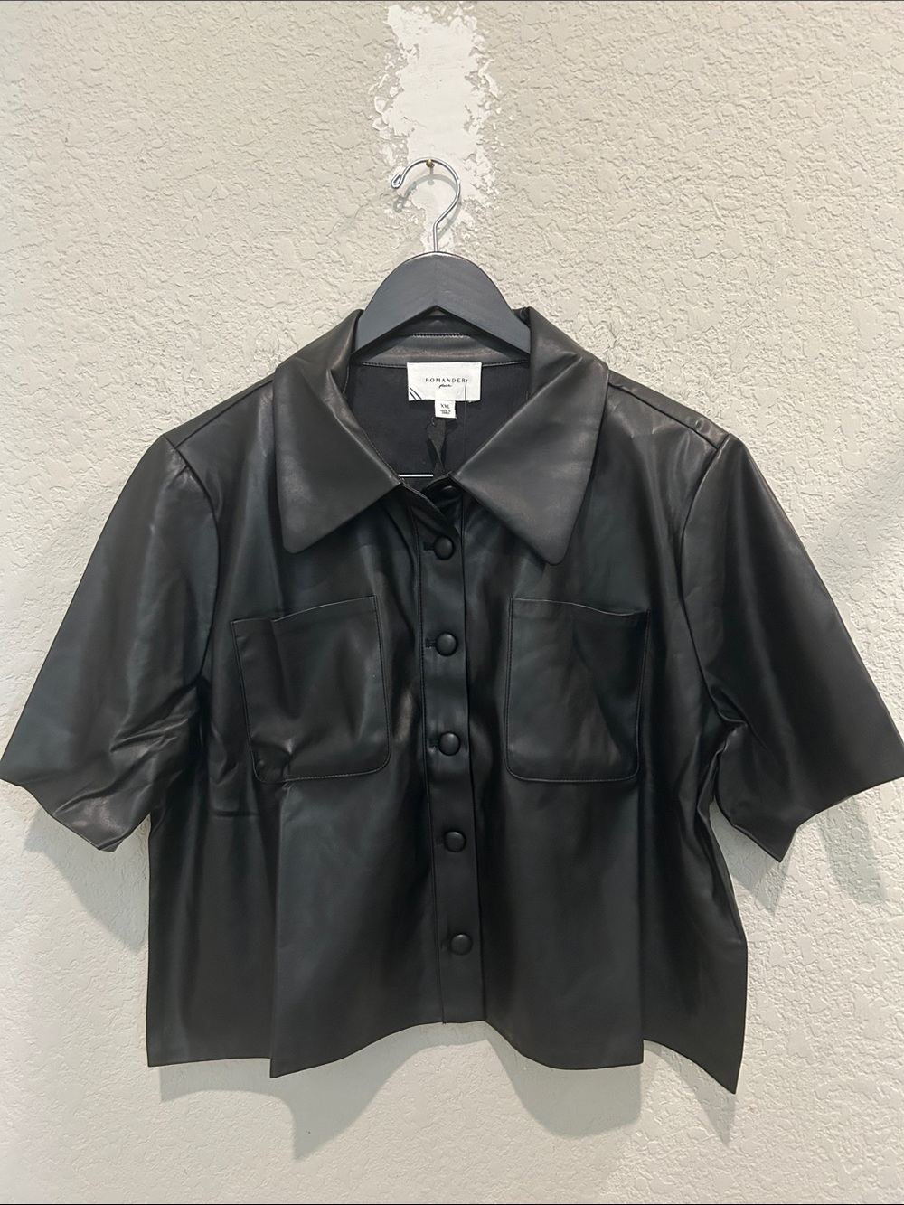 Pomander Place- Tuckernuck Black  Leather Short-Sleeve Button Jacket/Top